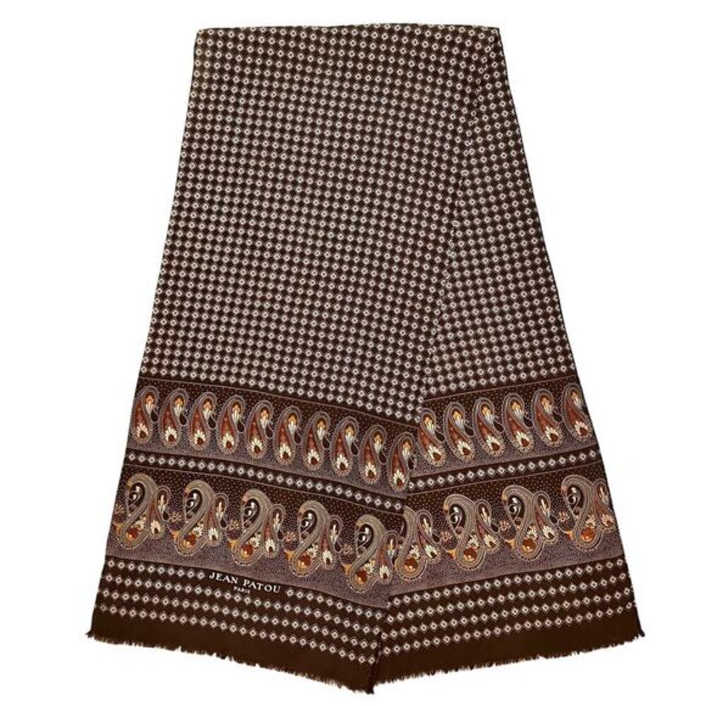Jean Patou Paris Vintage Earth-Tone Paisley Long Rectangle Fringe Silk Scarf